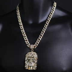 Crown Bearded Jesus Pendant & Iced Cuban CZ Chain Necklace – Hip Hop Jewelry for Men – 18"-24" – Perfect for Daily Wear and Special Occasions