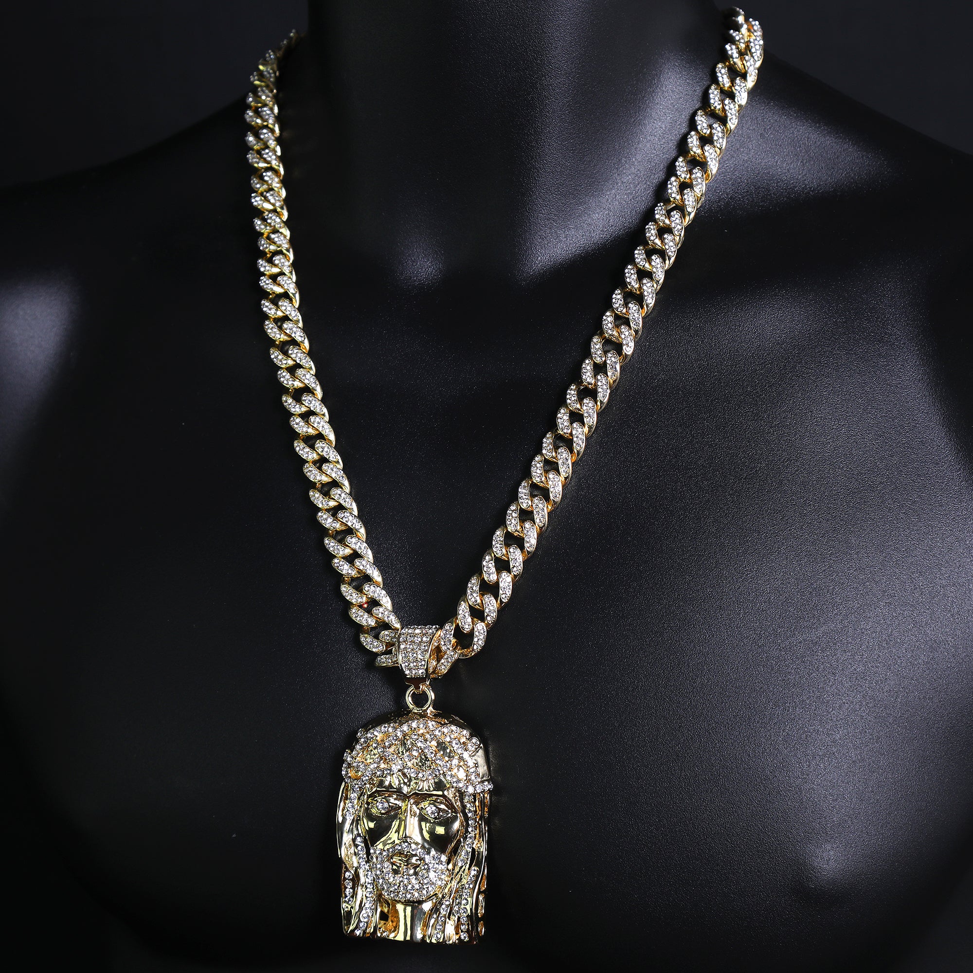 Crown Bearded Jesus Pendant & Iced Cuban CZ Chain Necklace – Hip Hop Jewelry for Men – 18"-24" – Perfect for Daily Wear and Special Occasions