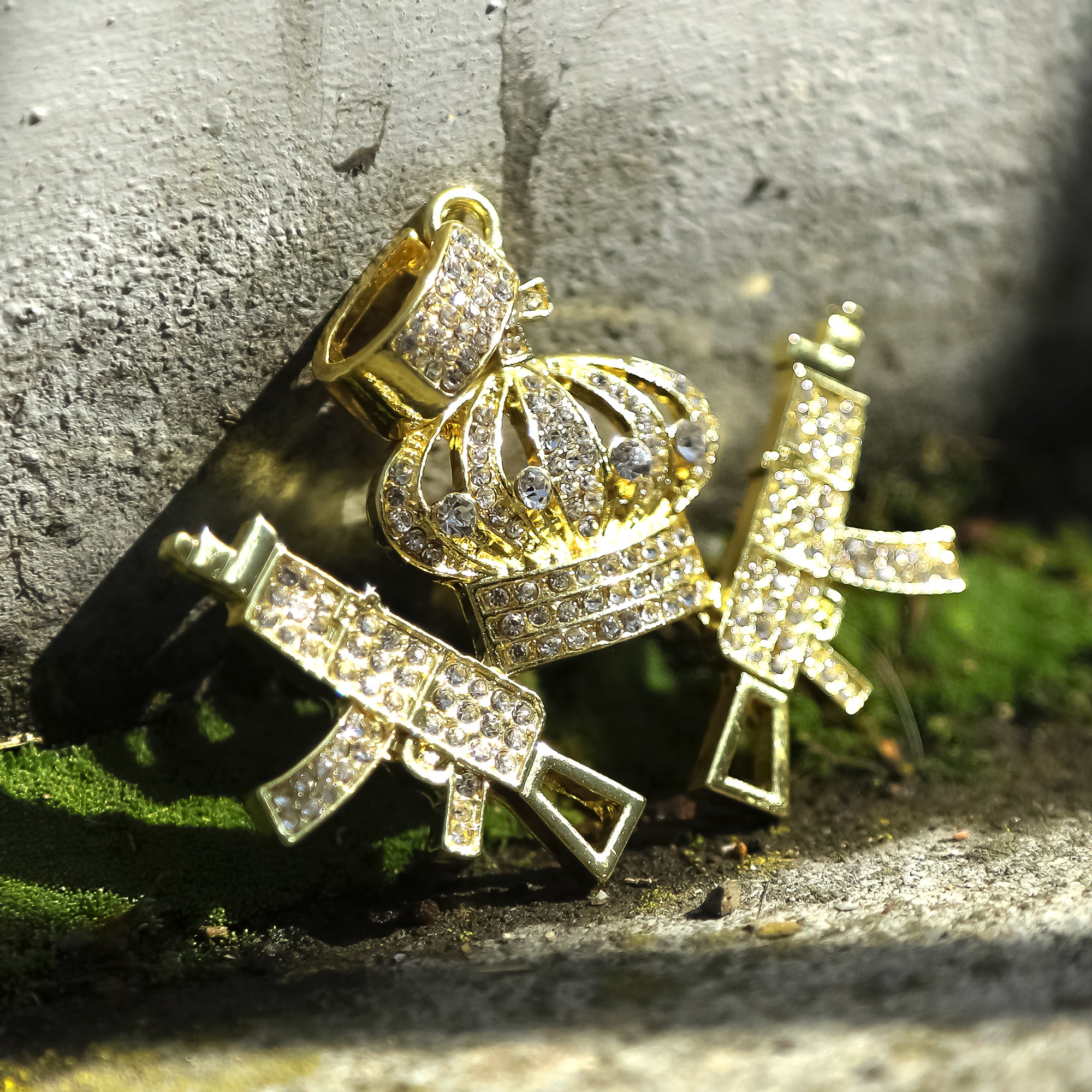 Hip Hop Iced Lab Diamond 18k Gold plated Crown AK47 Gun Charm Pendant