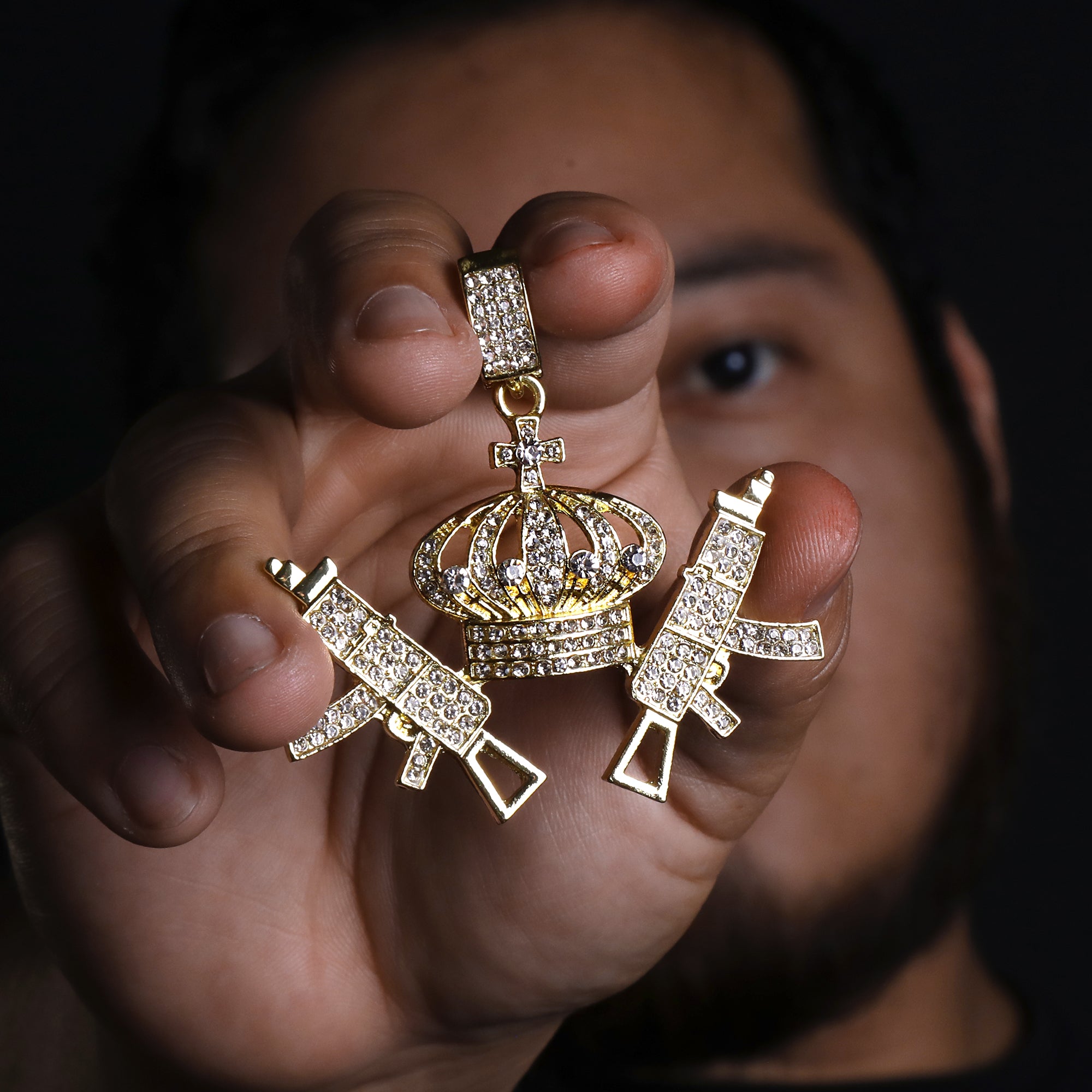 Hip Hop Iced Lab Diamond 18k Gold plated Crown AK47 Gun Charm Pendant