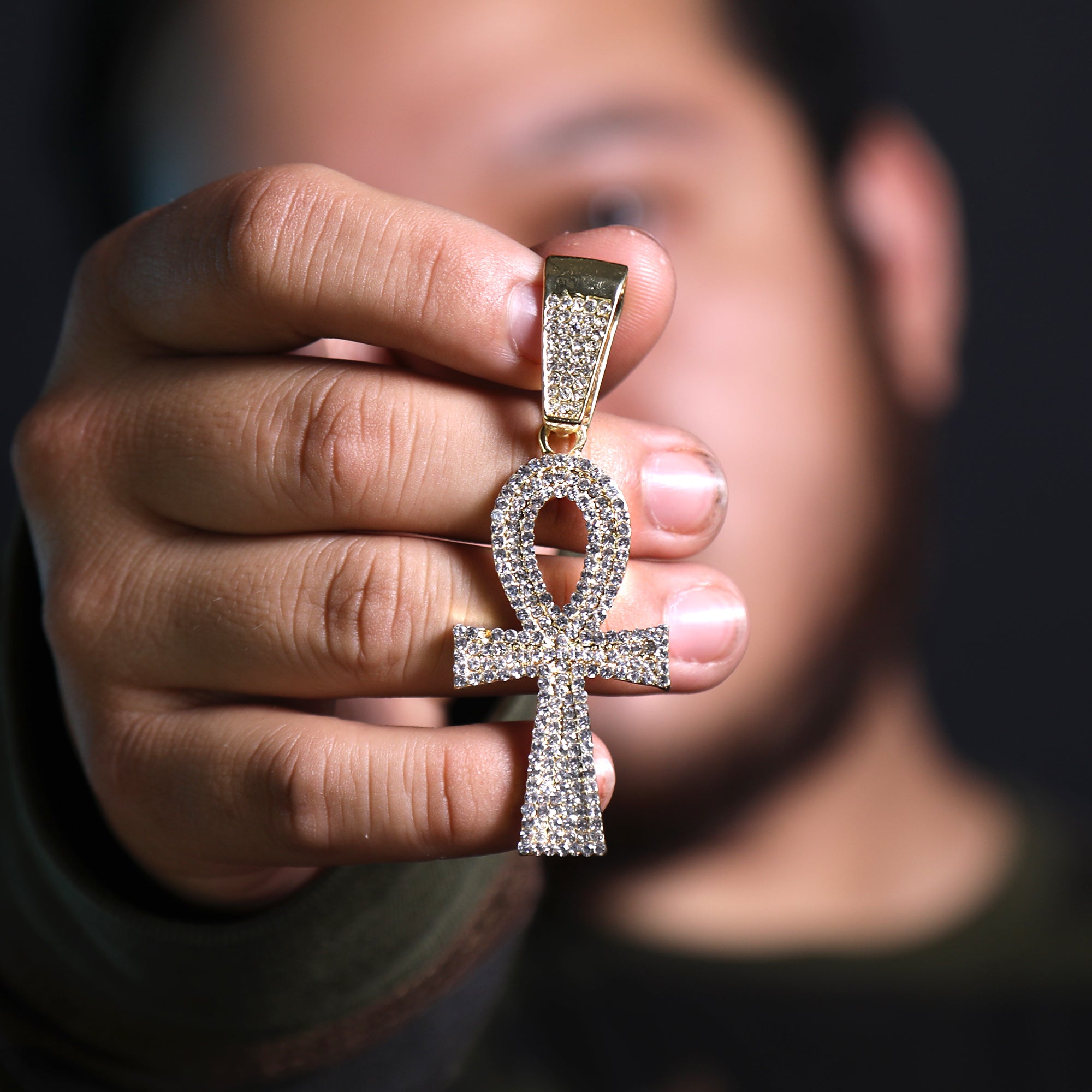 Hip Hop Iced Lab Diamond 18k Gold Plated Thin Egyptian Ankh Charm Pendant