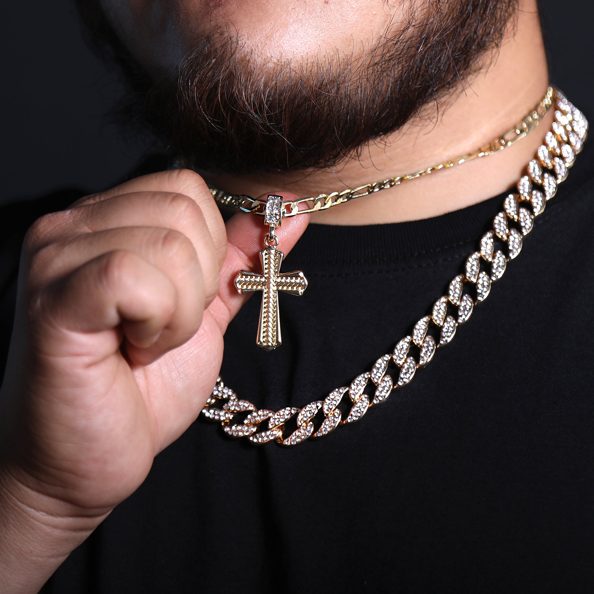 High Fashion Cross Pendant 20" Figaro Chain Hip Hop Style 18k Gold Plated