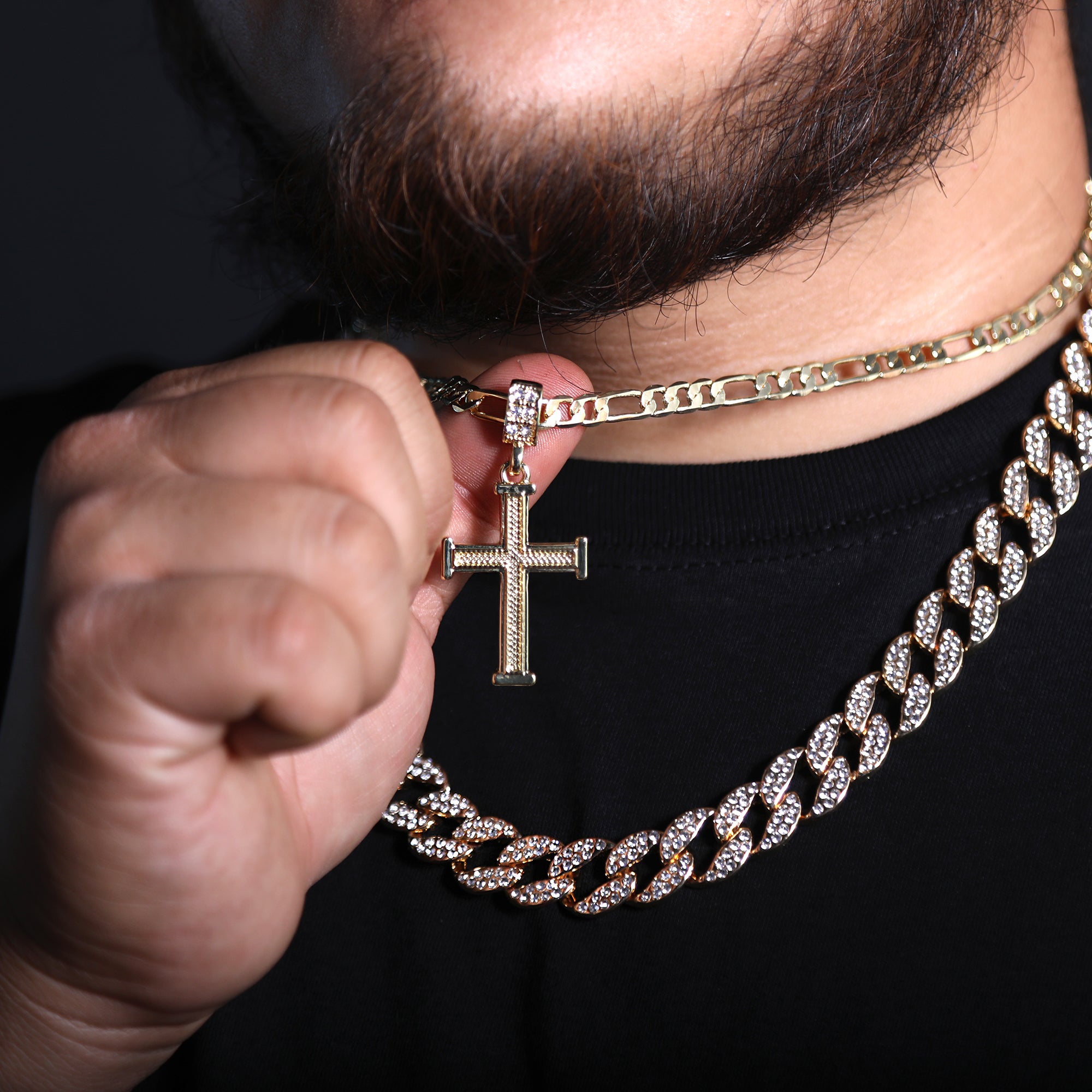 Staple Edge Cross Pendant 20" Figaro Chain Hip Hop Style 18k Gold Plated