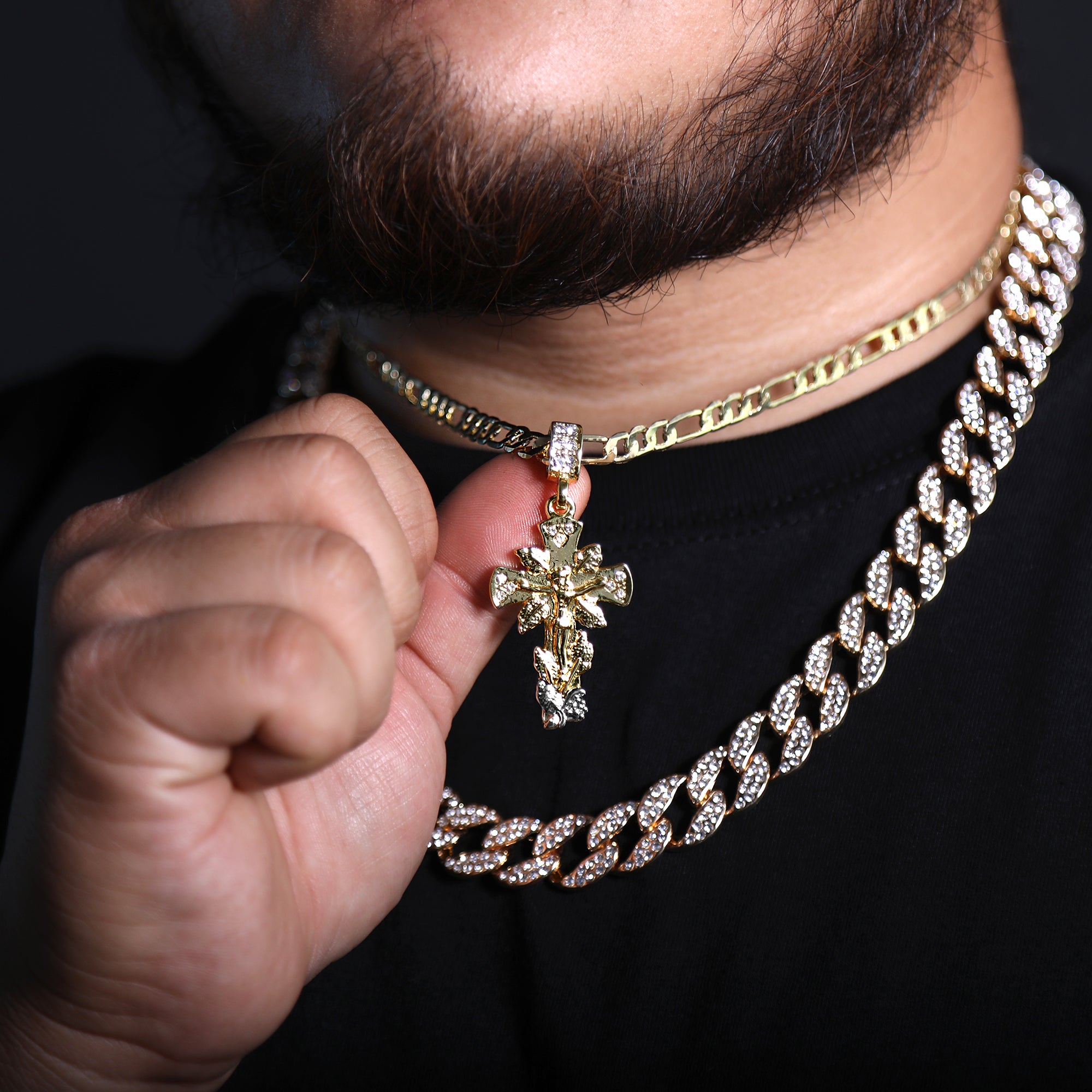 Jesus Leaf Cross Iced Pendant 20" Figaro Chain Hip Hop Style 18k Gold Plated