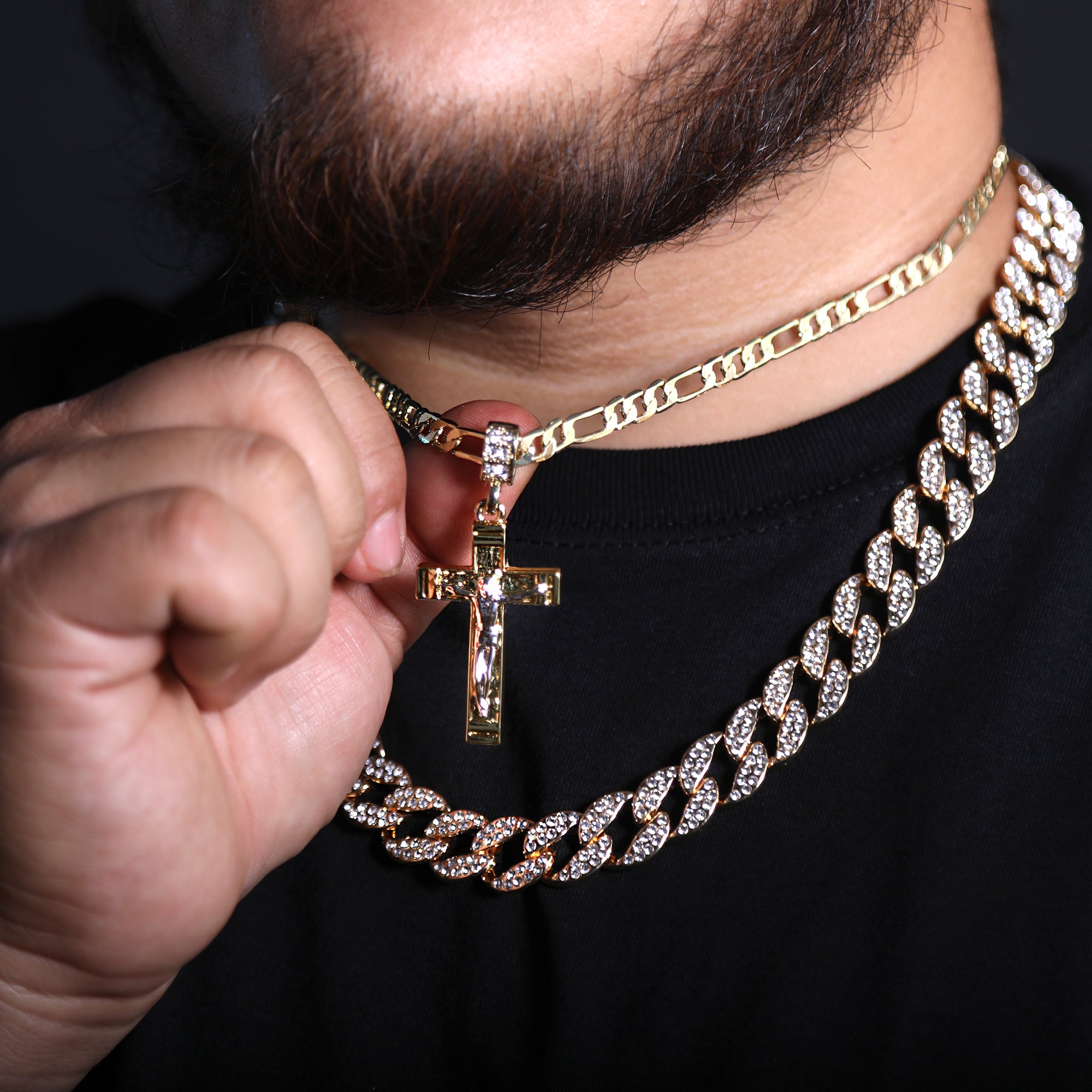 Copy of Jesus Nugget Cross Two Tone Iced Pendant 20" Figaro Chain Hip Hop Style 18k Gold Plated