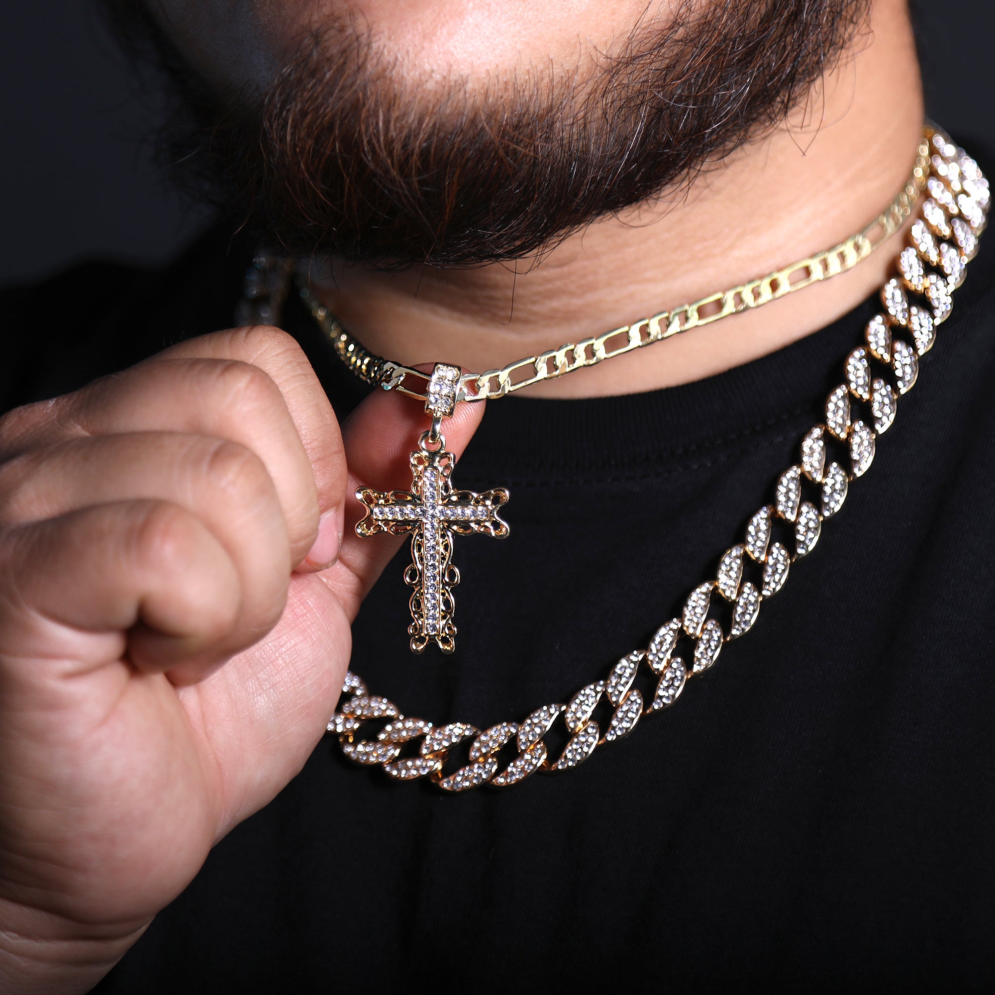 Curve Cross Iced Pendant 20" Figaro Chain Hip Hop Style 18k Gold Plated