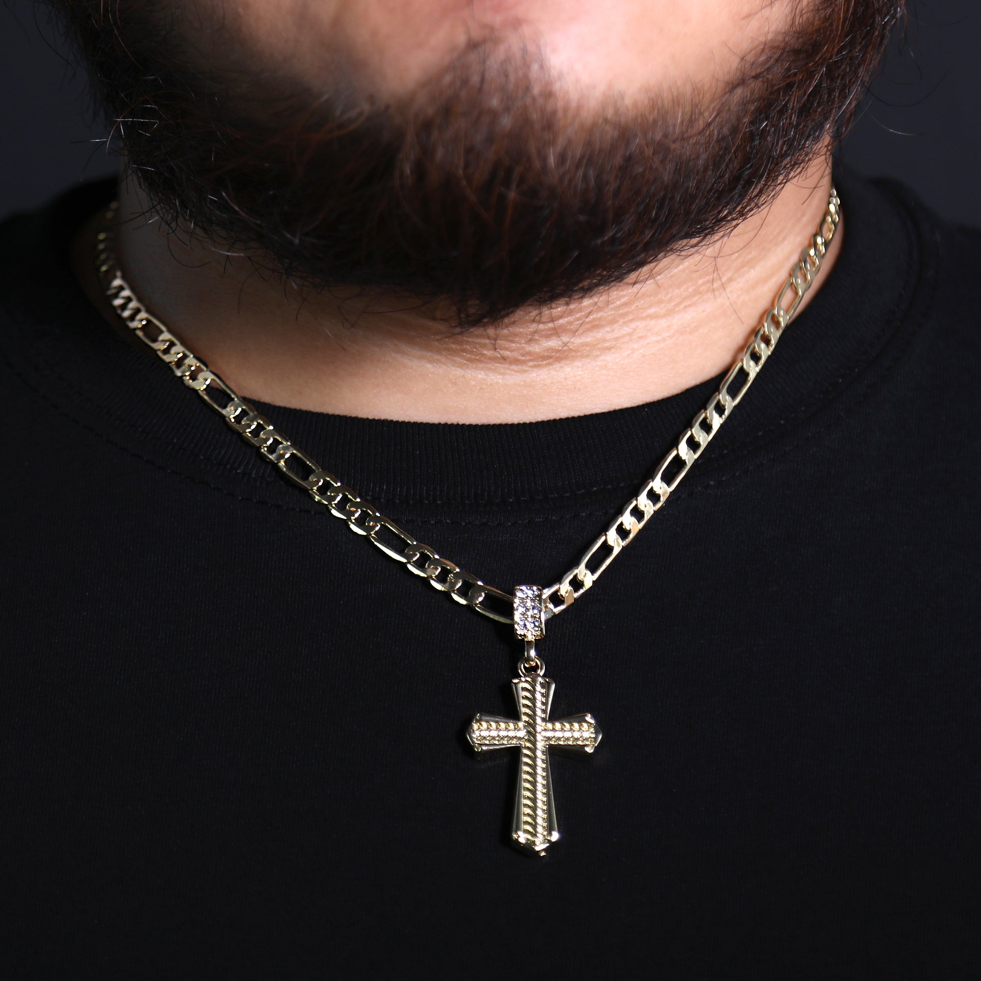 High Fashion Cross Pendant 20" Figaro Chain Hip Hop Style 18k Gold Plated