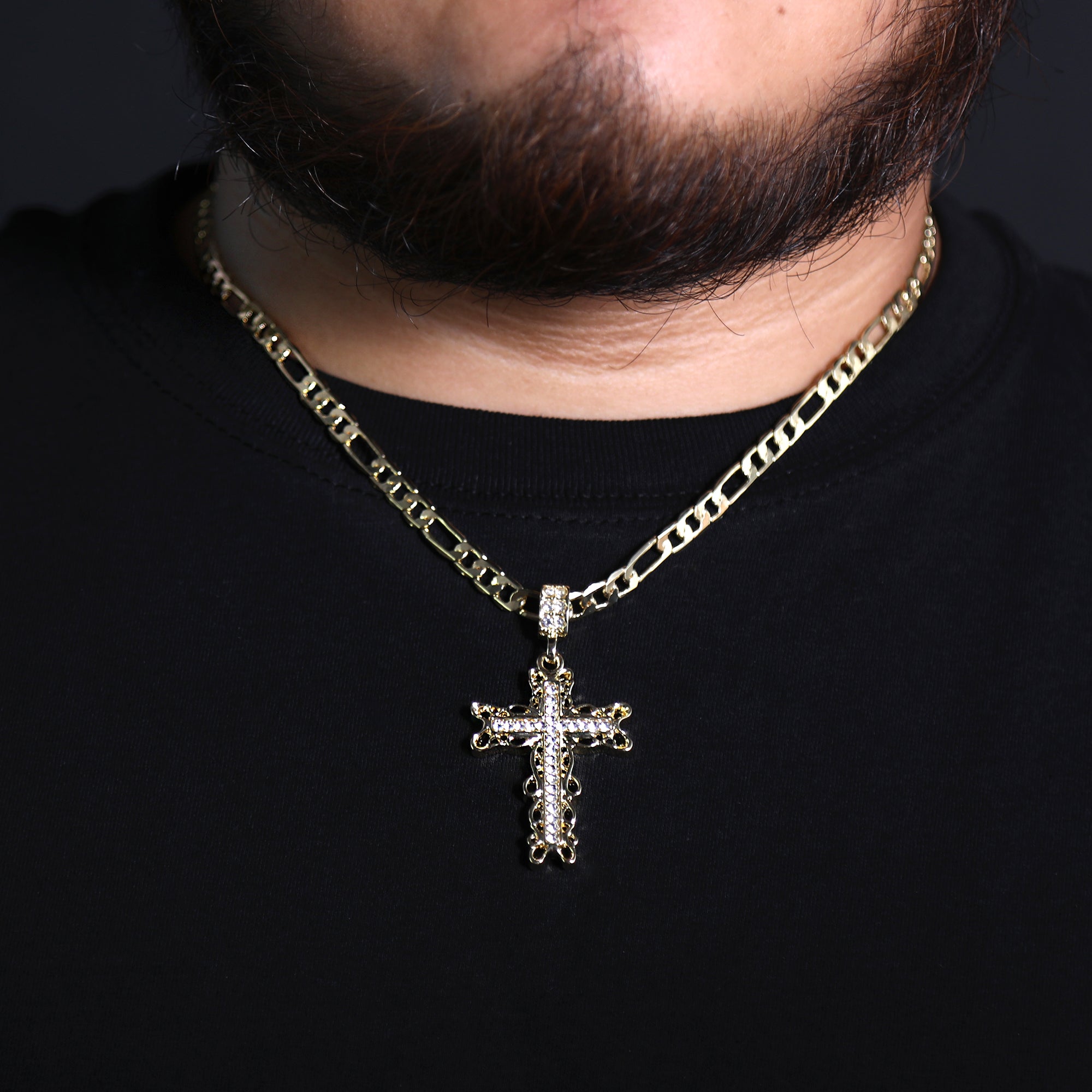 Curve Cross Iced Pendant 20" Figaro Chain Hip Hop Style 18k Gold Plated