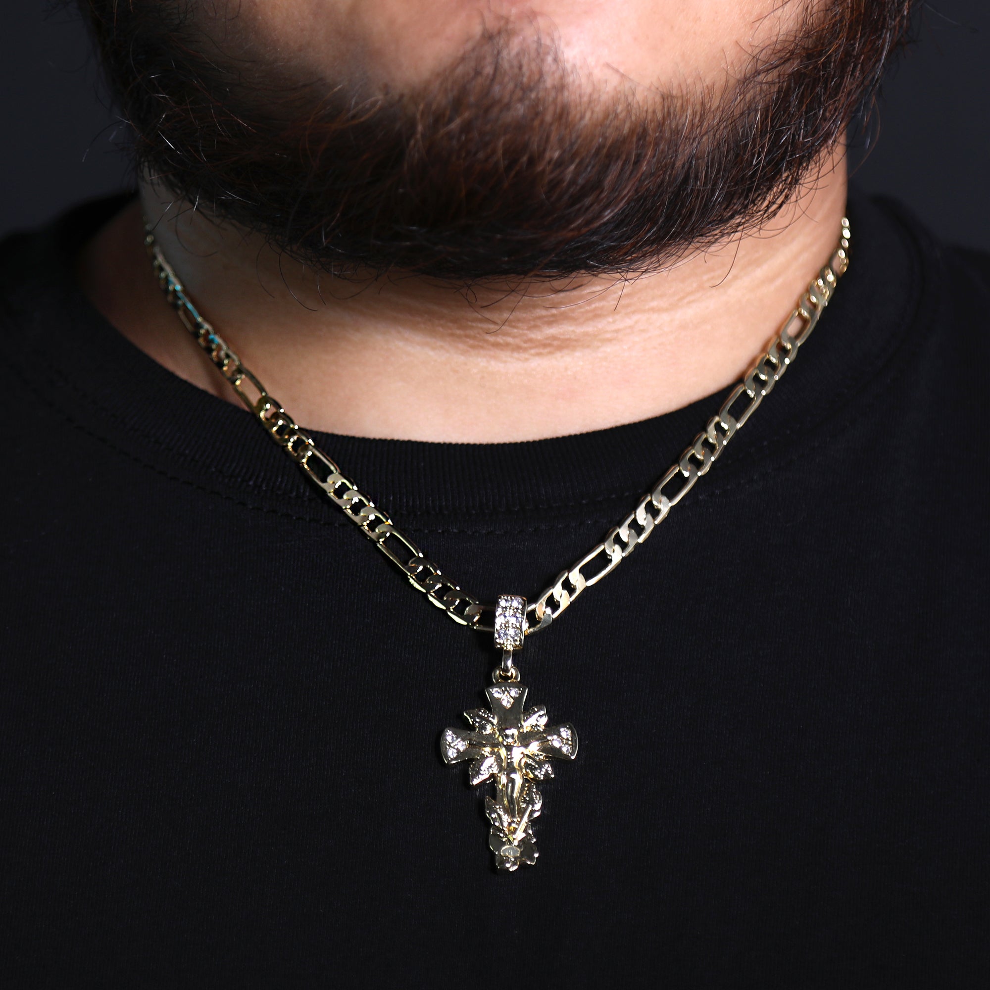 Jesus Leaf Cross Iced Pendant 20" Figaro Chain Hip Hop Style 18k Gold Plated