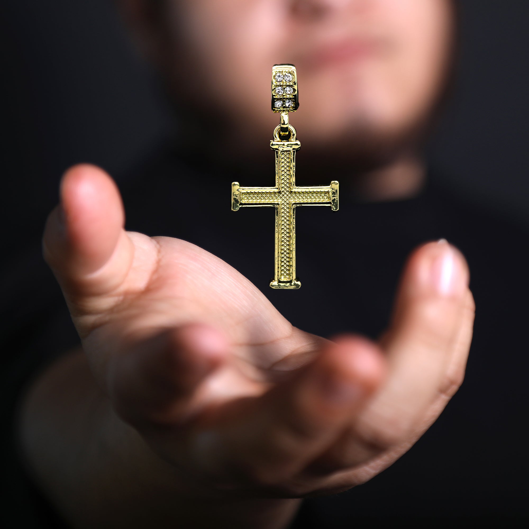 Staple Edge Cross Pendant 20" Figaro Chain Hip Hop Style 18k Gold Plated