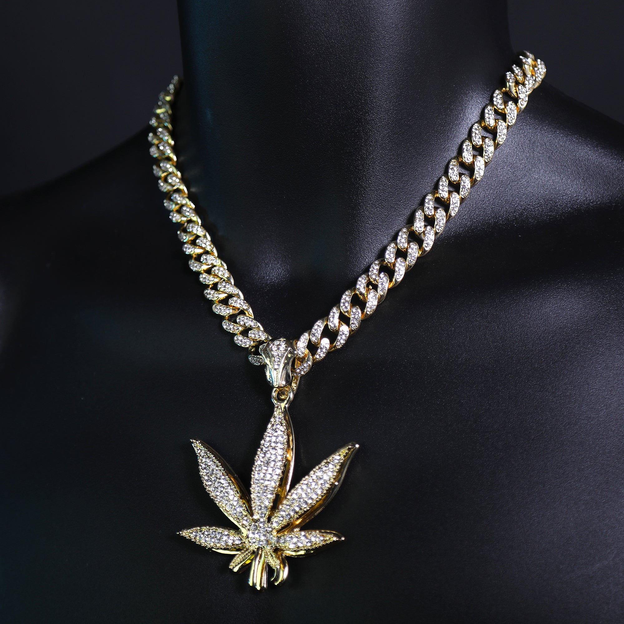 Marijuana Leaf Shaped Pendant & Iced Large Gold Marijuana Pendant – Iced Cuban CZ Chain Necklace – Hip Hop Jewelry for Men – 18"-24"