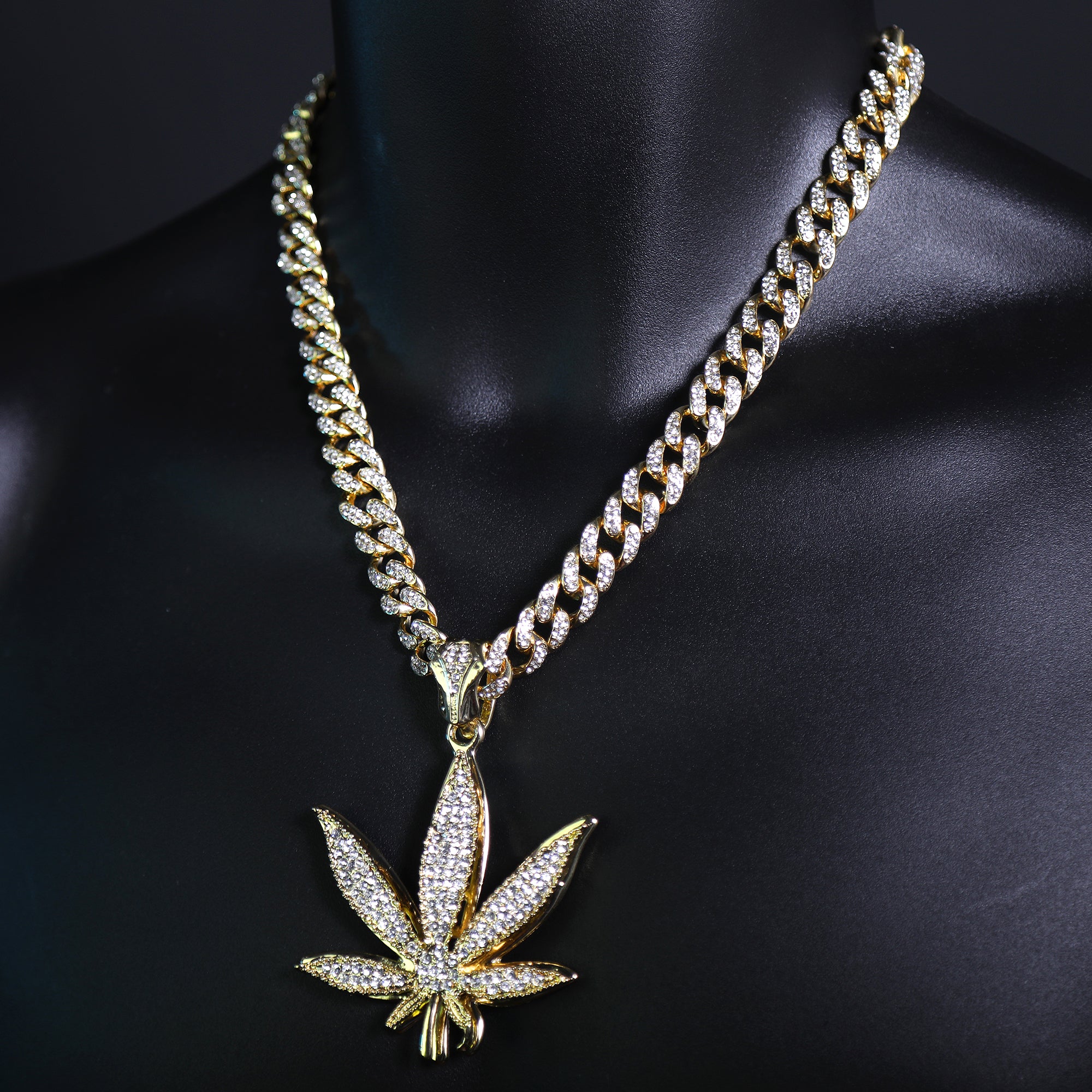 Marijuana Leaf Shaped Pendant & Iced Large Gold Marijuana Pendant – Iced Cuban CZ Chain Necklace – Hip Hop Jewelry for Men – 18"-24"