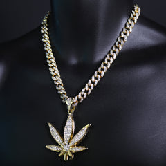 Marijuana Leaf Shaped Pendant & Iced Large Gold Marijuana Pendant – Iced Cuban CZ Chain Necklace – Hip Hop Jewelry for Men – 18"-24"