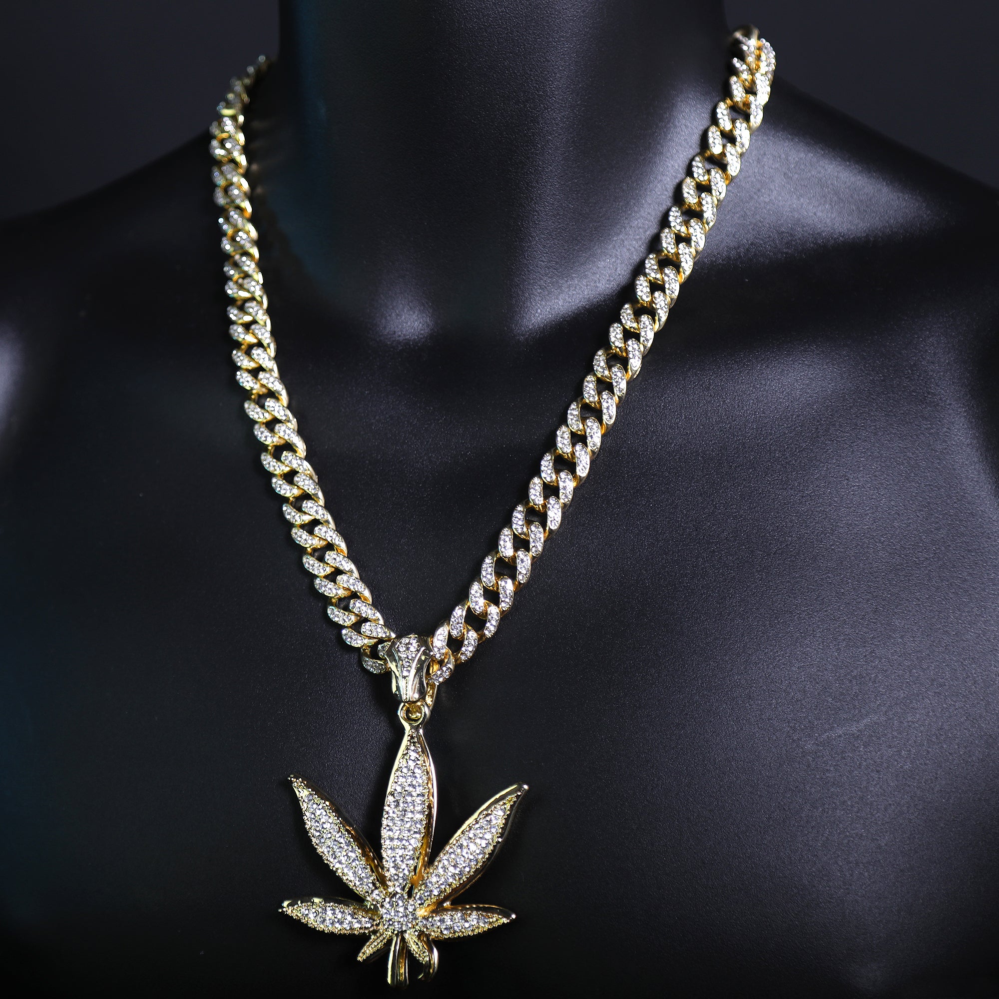 Marijuana Leaf Shaped Pendant & Iced Large Gold Marijuana Pendant – Iced Cuban CZ Chain Necklace – Hip Hop Jewelry for Men – 18"-24"
