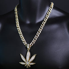 Marijuana Leaf Shaped Pendant & Iced Large Gold Marijuana Pendant – Iced Cuban CZ Chain Necklace – Hip Hop Jewelry for Men – 18"-24"