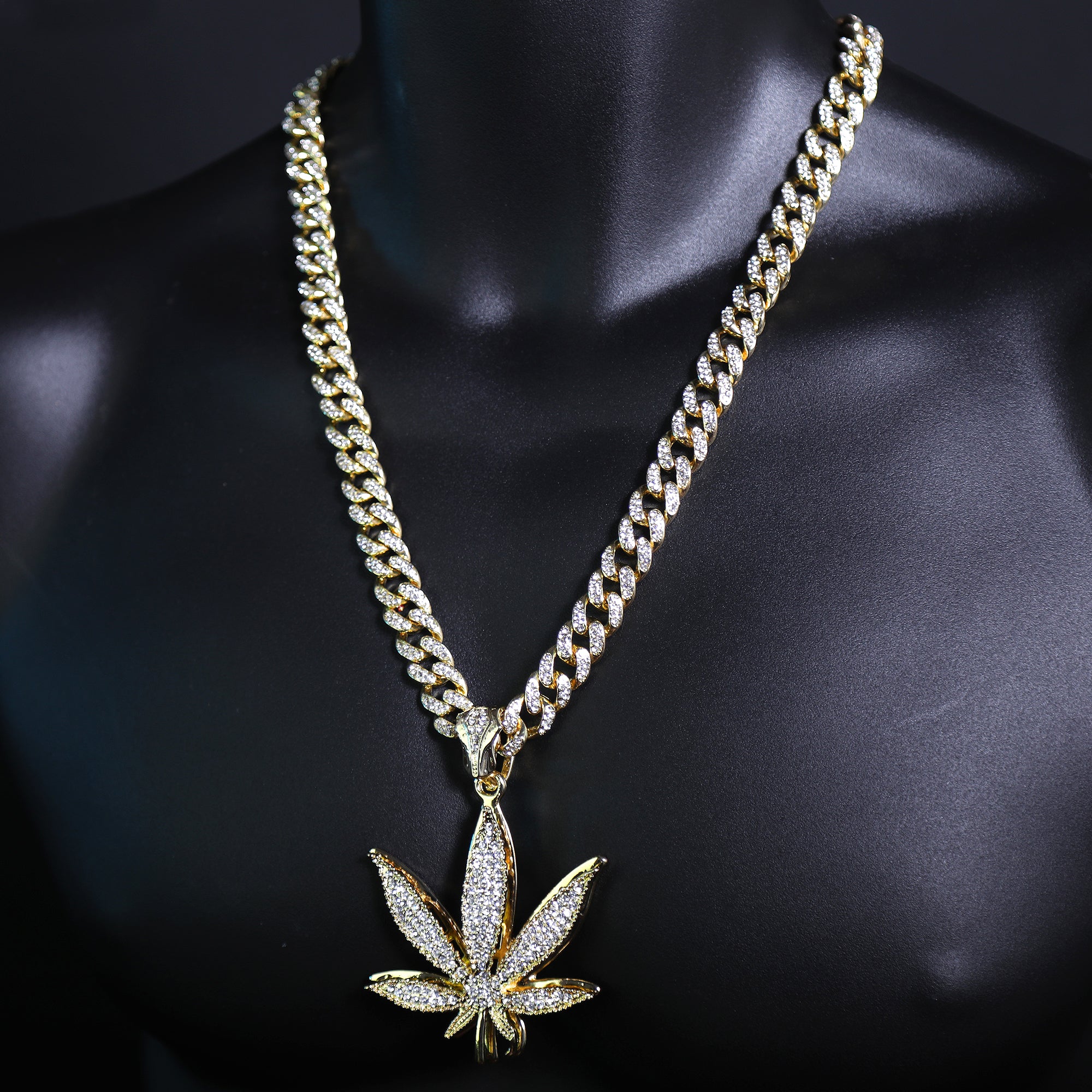Marijuana Leaf Shaped Pendant & Iced Large Gold Marijuana Pendant – Iced Cuban CZ Chain Necklace – Hip Hop Jewelry for Men – 18"-24"