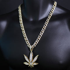 Marijuana Leaf Shaped Pendant & Iced Large Gold Marijuana Pendant – Iced Cuban CZ Chain Necklace – Hip Hop Jewelry for Men – 18"-24"