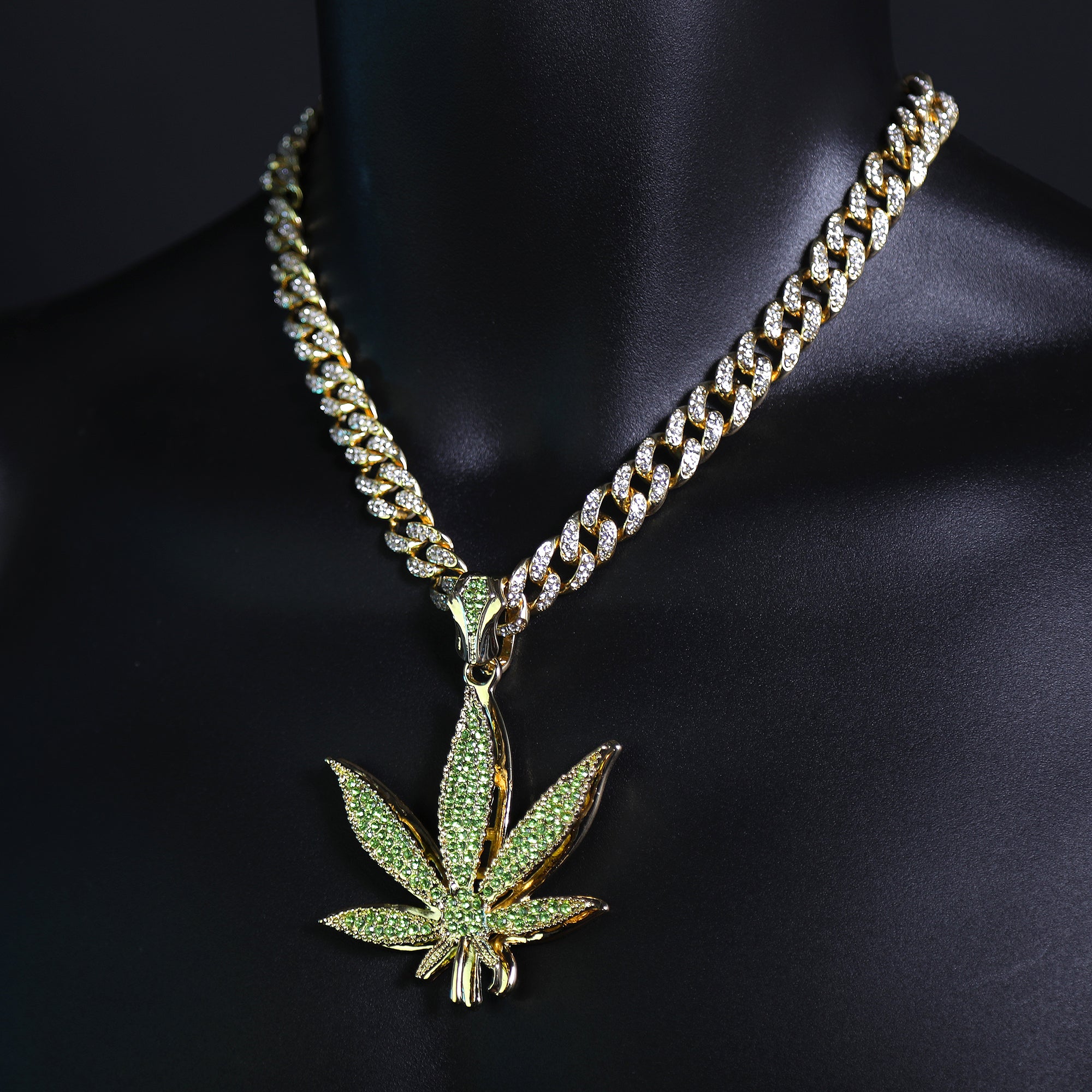 Iced Large Green Marijuana Pendant & Iced Cuban CZ Chain Necklace – Hip Hop Jewelry for Men – 18"-24"