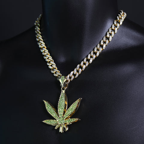 Iced Large Green Marijuana Pendant & Iced Cuban CZ Chain Necklace – Hip Hop Jewelry for Men – 18"-24"