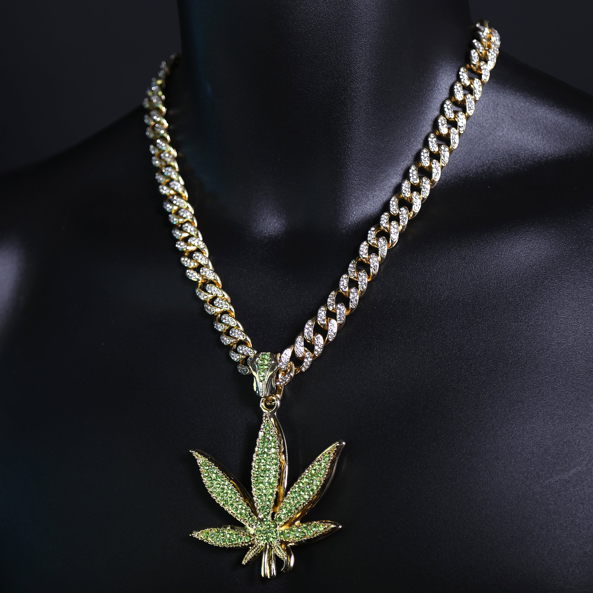 Iced Large Green Marijuana Pendant & Iced Cuban CZ Chain Necklace – Hip Hop Jewelry for Men – 18"-24"