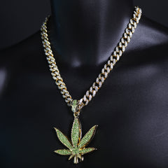 Iced Large Green Marijuana Pendant & Iced Cuban CZ Chain Necklace – Hip Hop Jewelry for Men – 18"-24"
