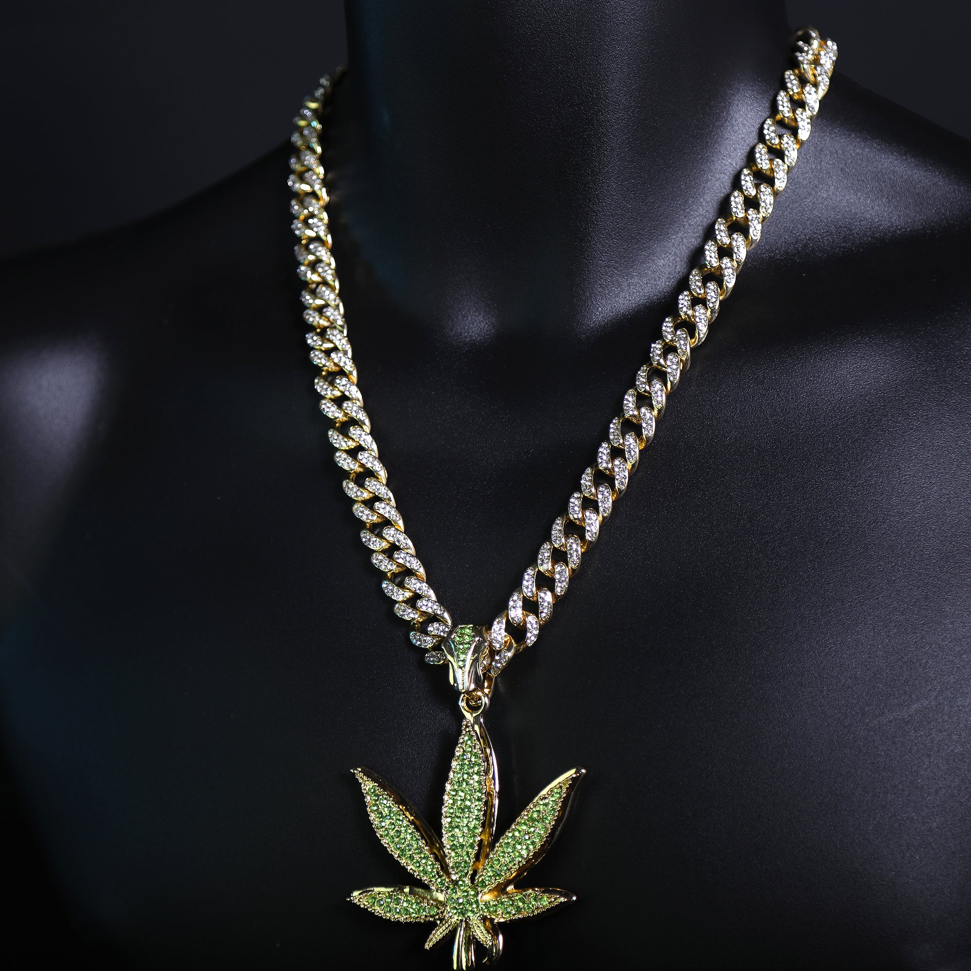 Iced Large Green Marijuana Pendant & Iced Cuban CZ Chain Necklace – Hip Hop Jewelry for Men – 18"-24"