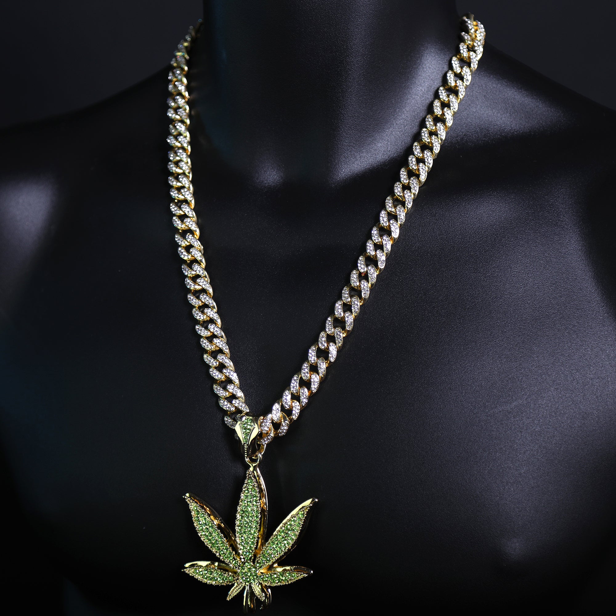 Iced Large Green Marijuana Pendant & Iced Cuban CZ Chain Necklace – Hip Hop Jewelry for Men – 18"-24"