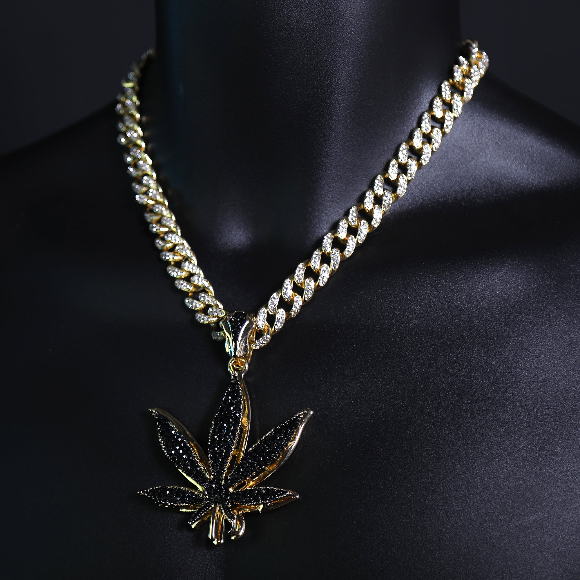 Iced Large Black Marijuana Pendant Iced Cuban Cz Chain Mens Hip Hop Jewelry 18-24"