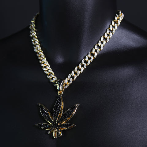 Iced Large Black Marijuana Pendant Iced Cuban Cz Chain Mens Hip Hop Jewelry 18-24"