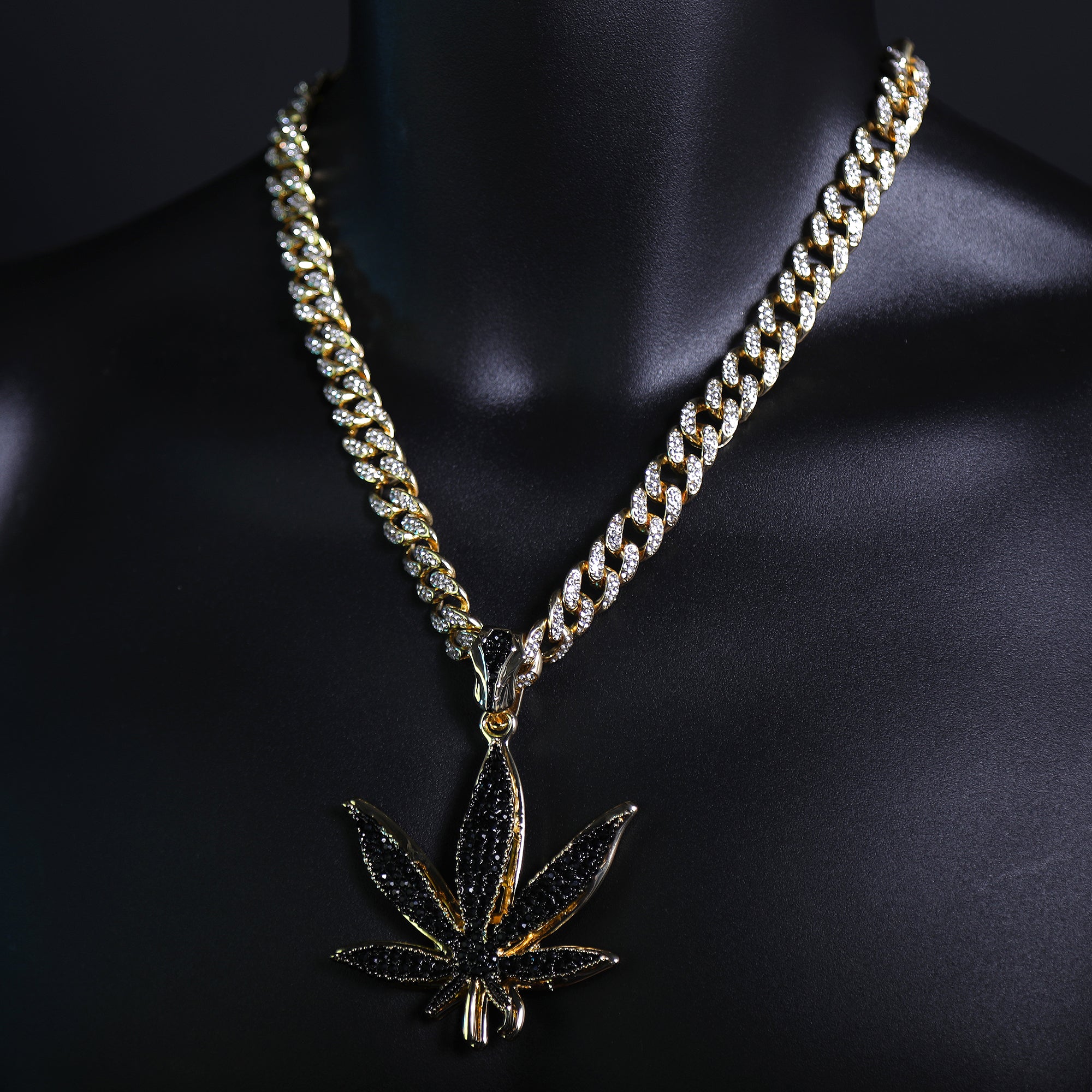 Iced Large Black Marijuana Pendant Iced Cuban Cz Chain Mens Hip Hop Jewelry 18-24"