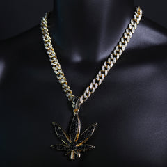 Iced Large Black Marijuana Pendant Iced Cuban Cz Chain Mens Hip Hop Jewelry 18-24"