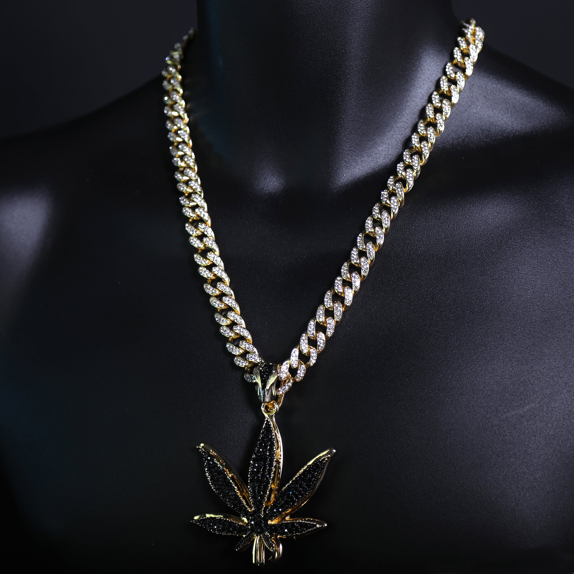 Iced Large Black Marijuana Pendant Iced Cuban Cz Chain Mens Hip Hop Jewelry 18-24"