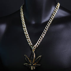 Iced Large Black Marijuana Pendant Iced Cuban Cz Chain Mens Hip Hop Jewelry 18-24"