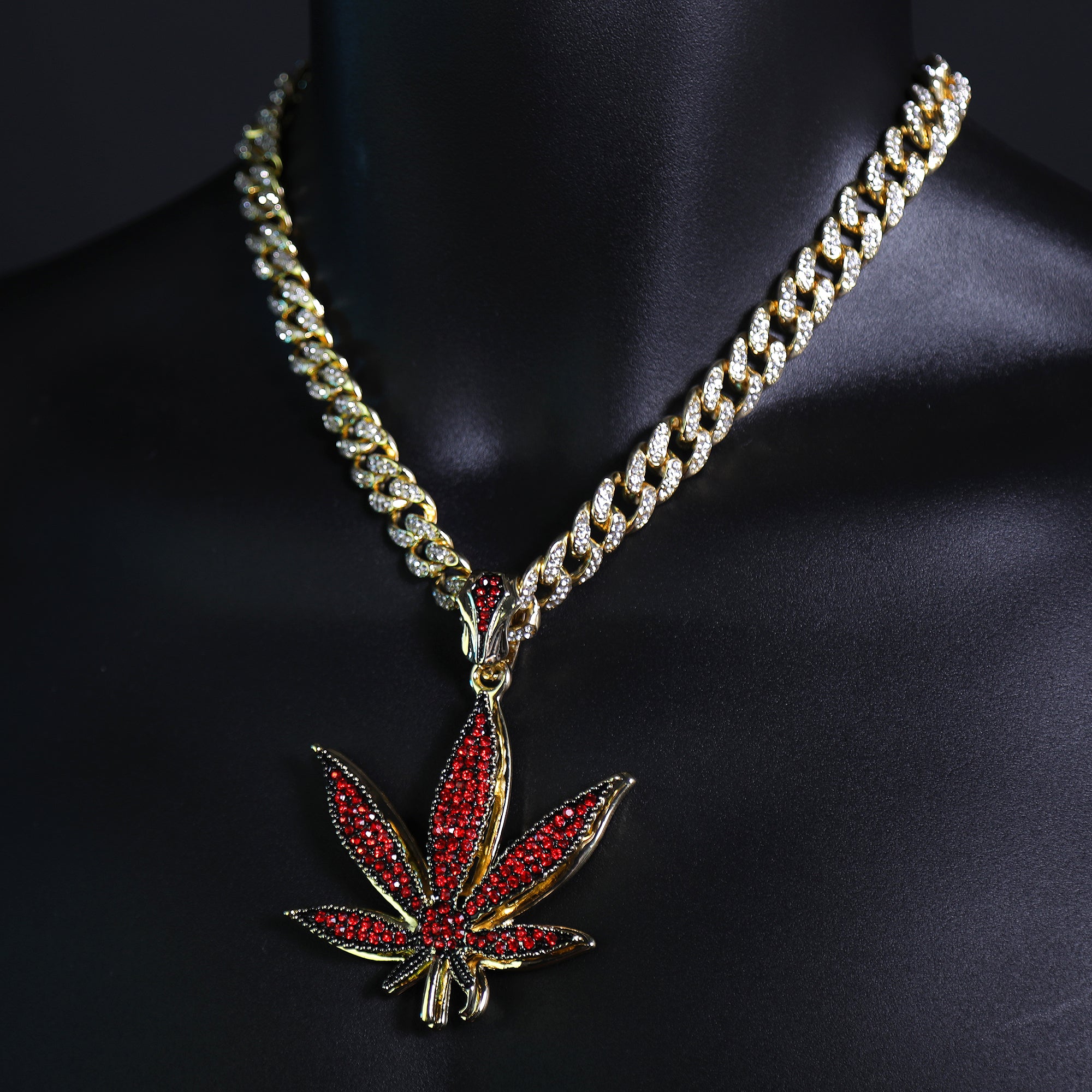 Iced Large Red Marijuana Pendant & Iced Cuban CZ Chain Necklace – Hip Hop Jewelry for Men – 18"-24"