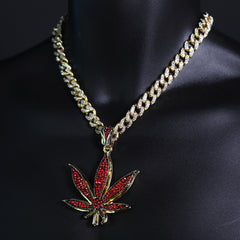 Iced Large Red Marijuana Pendant & Iced Cuban CZ Chain Necklace – Hip Hop Jewelry for Men – 18"-24"