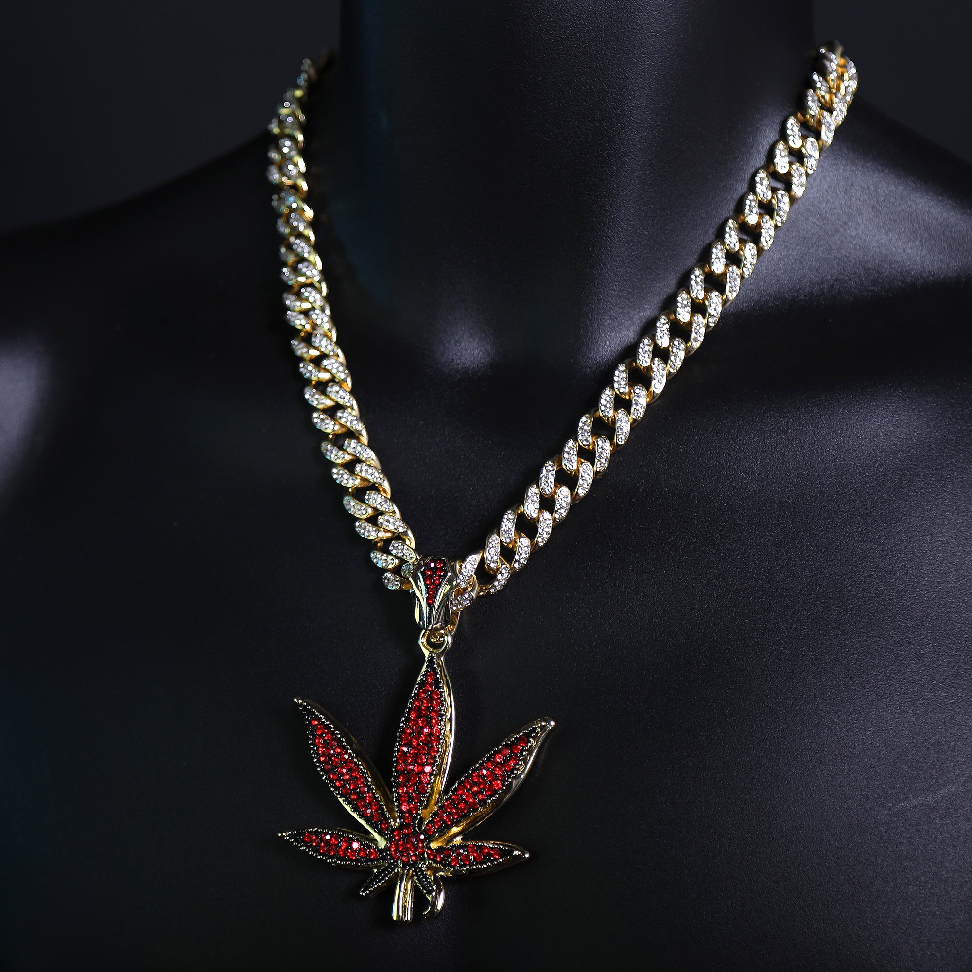 Iced Large Red Marijuana Pendant & Iced Cuban CZ Chain Necklace – Hip Hop Jewelry for Men – 18"-24"