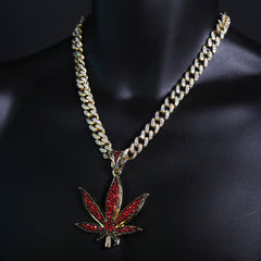 Iced Large Red Marijuana Pendant & Iced Cuban CZ Chain Necklace – Hip Hop Jewelry for Men – 18"-24"