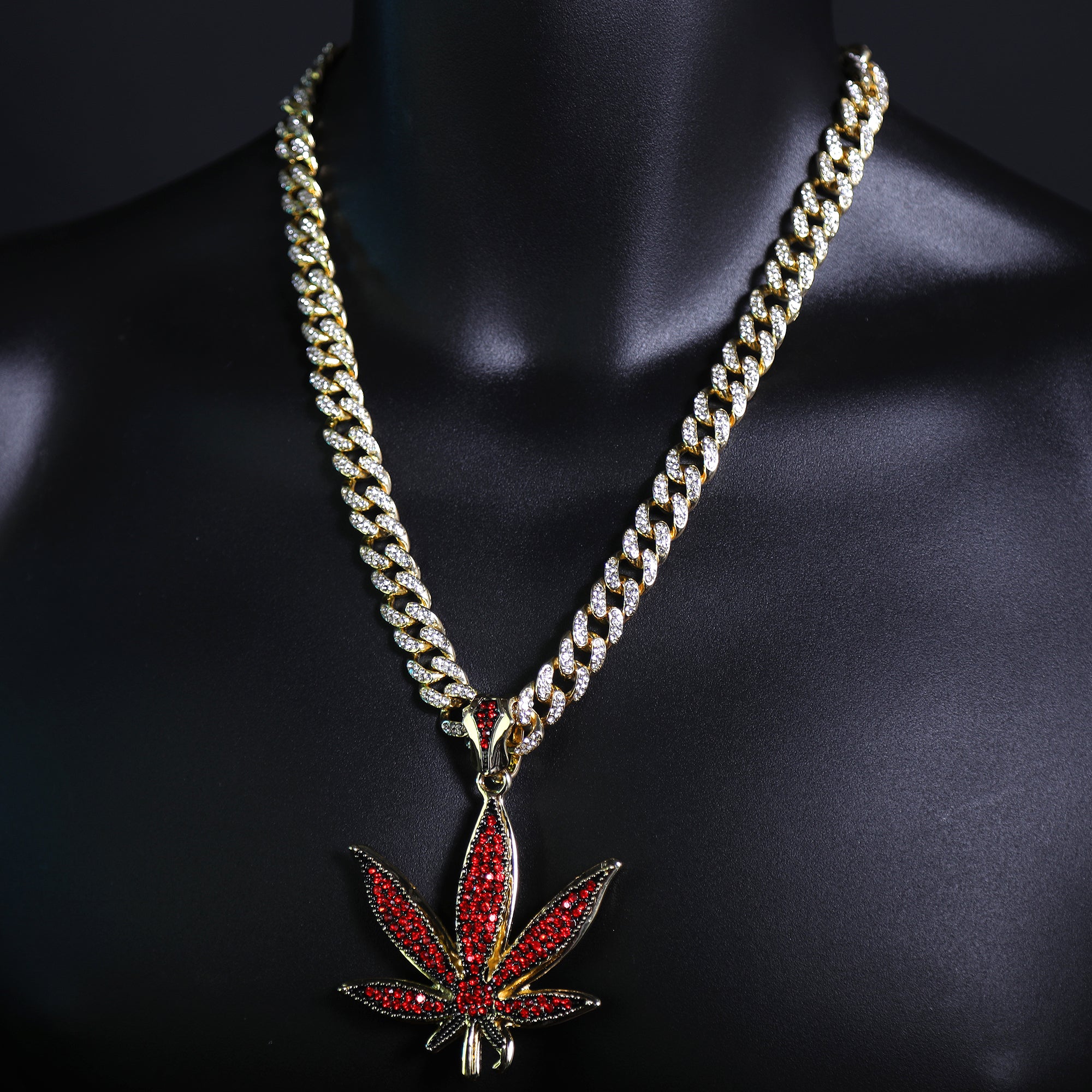 Iced Large Red Marijuana Pendant & Iced Cuban CZ Chain Necklace – Hip Hop Jewelry for Men – 18"-24"