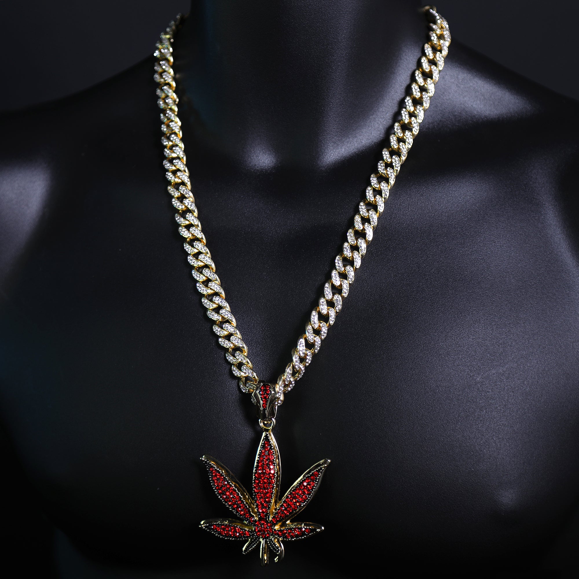 Iced Large Red Marijuana Pendant & Iced Cuban CZ Chain Necklace – Hip Hop Jewelry for Men – 18"-24"