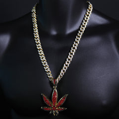 Iced Large Red Marijuana Pendant & Iced Cuban CZ Chain Necklace – Hip Hop Jewelry for Men – 18"-24"