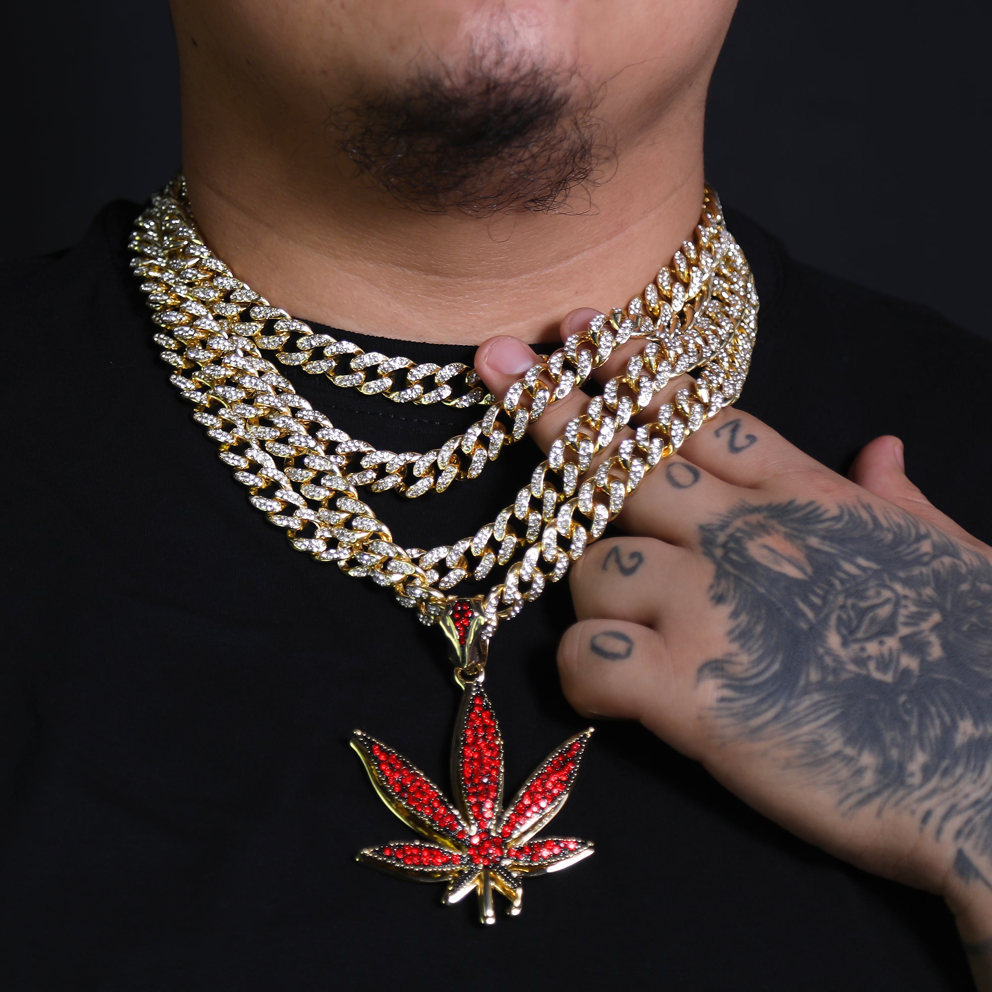 Iced Large Red Marijuana Pendant & Iced Cuban CZ Chain Necklace – Hip Hop Jewelry for Men – 18"-24"