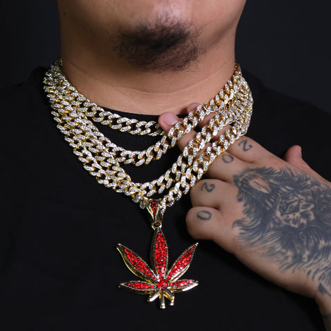 Iced Large Red Marijuana Pendant & Iced Cuban CZ Chain Necklace – Hip Hop Jewelry for Men – 18"-24"