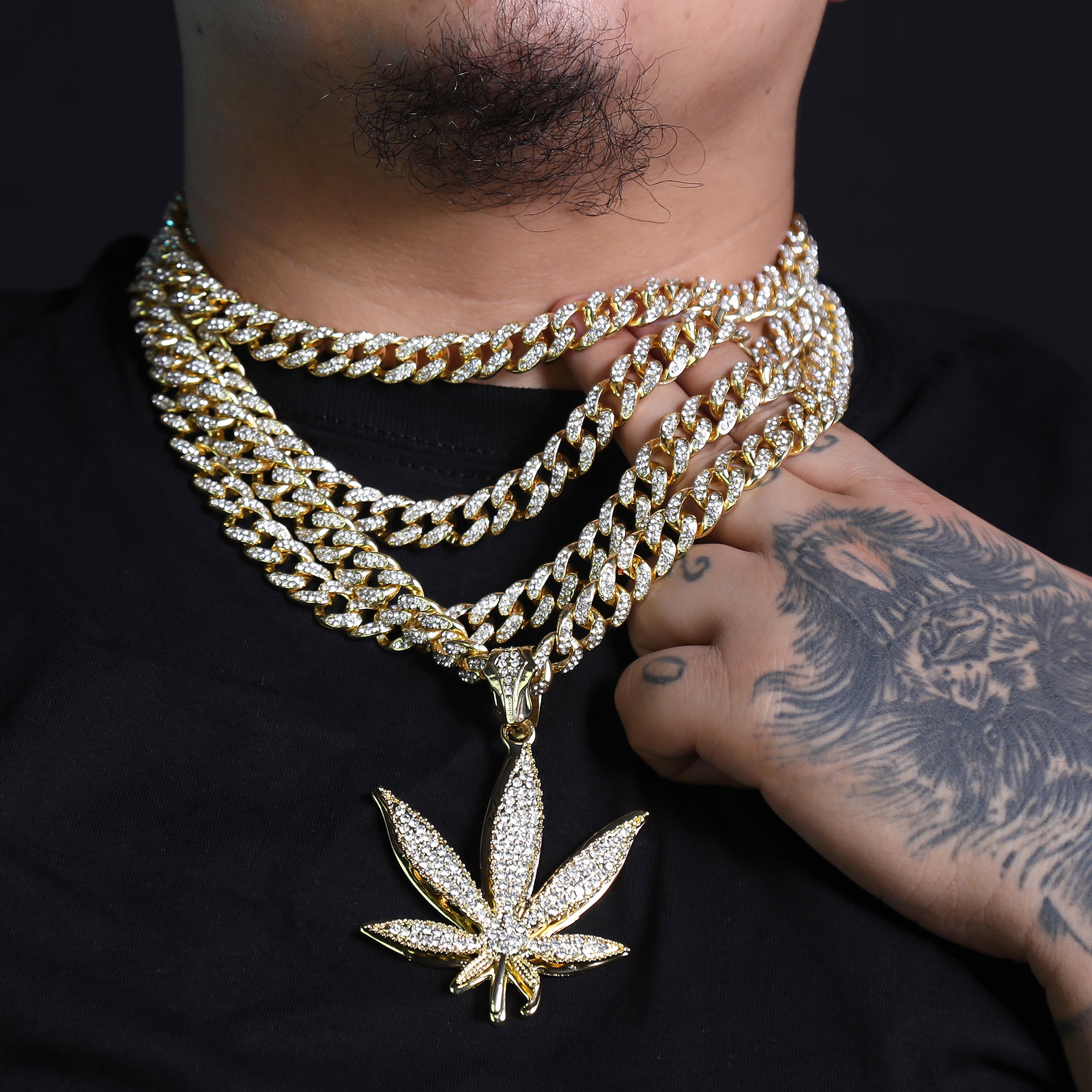 Marijuana Leaf Shaped Pendant & Iced Large Gold Marijuana Pendant – Iced Cuban CZ Chain Necklace – Hip Hop Jewelry for Men – 18"-24"