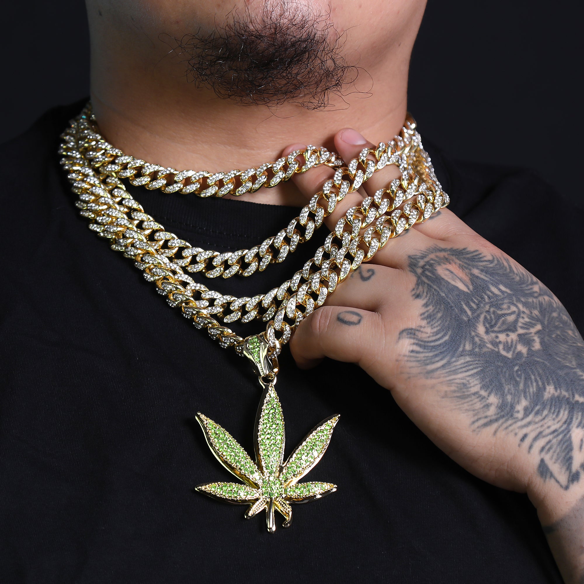 Iced Large Green Marijuana Pendant & Iced Cuban CZ Chain Necklace – Hip Hop Jewelry for Men – 18"-24"