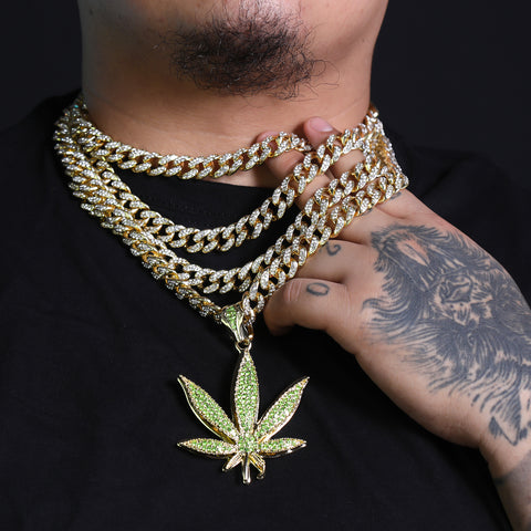 Iced Large Green Marijuana Pendant & Iced Cuban CZ Chain Necklace – Hip Hop Jewelry for Men – 18"-24"