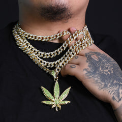 Iced Large Green Marijuana Pendant & Iced Cuban CZ Chain Necklace – Hip Hop Jewelry for Men – 18"-24"