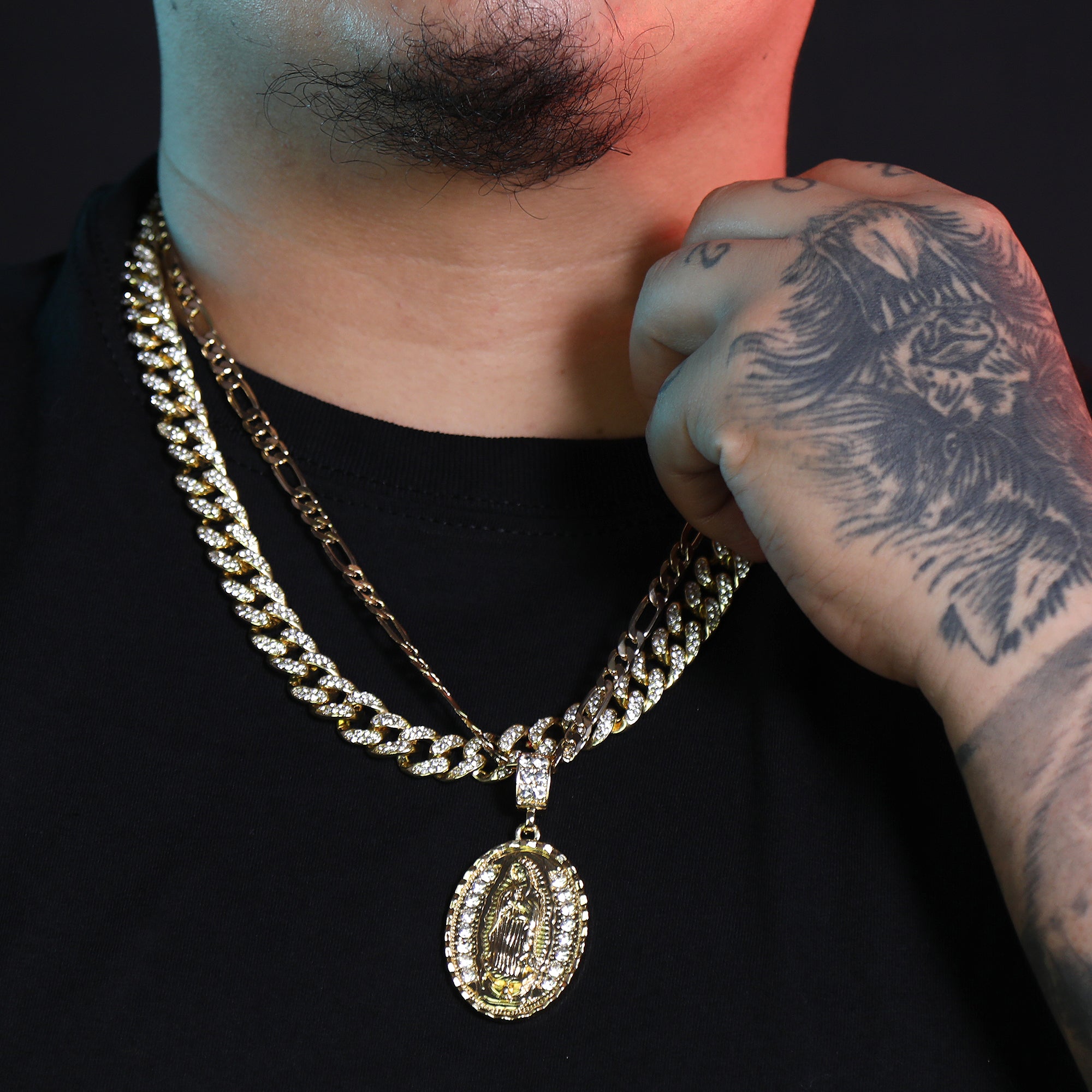 Iced Oval Guadalupe Pendant 24" Figaro Chain Hip Hop Style 18k Gold Plated