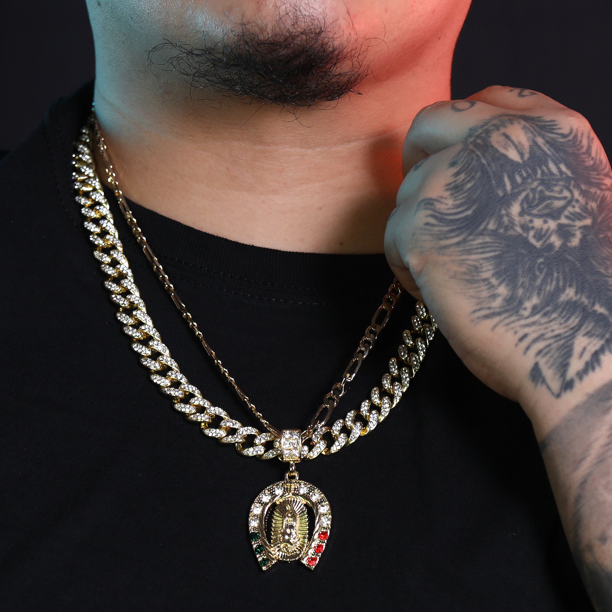Iced Guadalupe Horse Shoe Mexican Color Pendant 24" Figaro Chain Hip Hop Style 18k Gold Plated