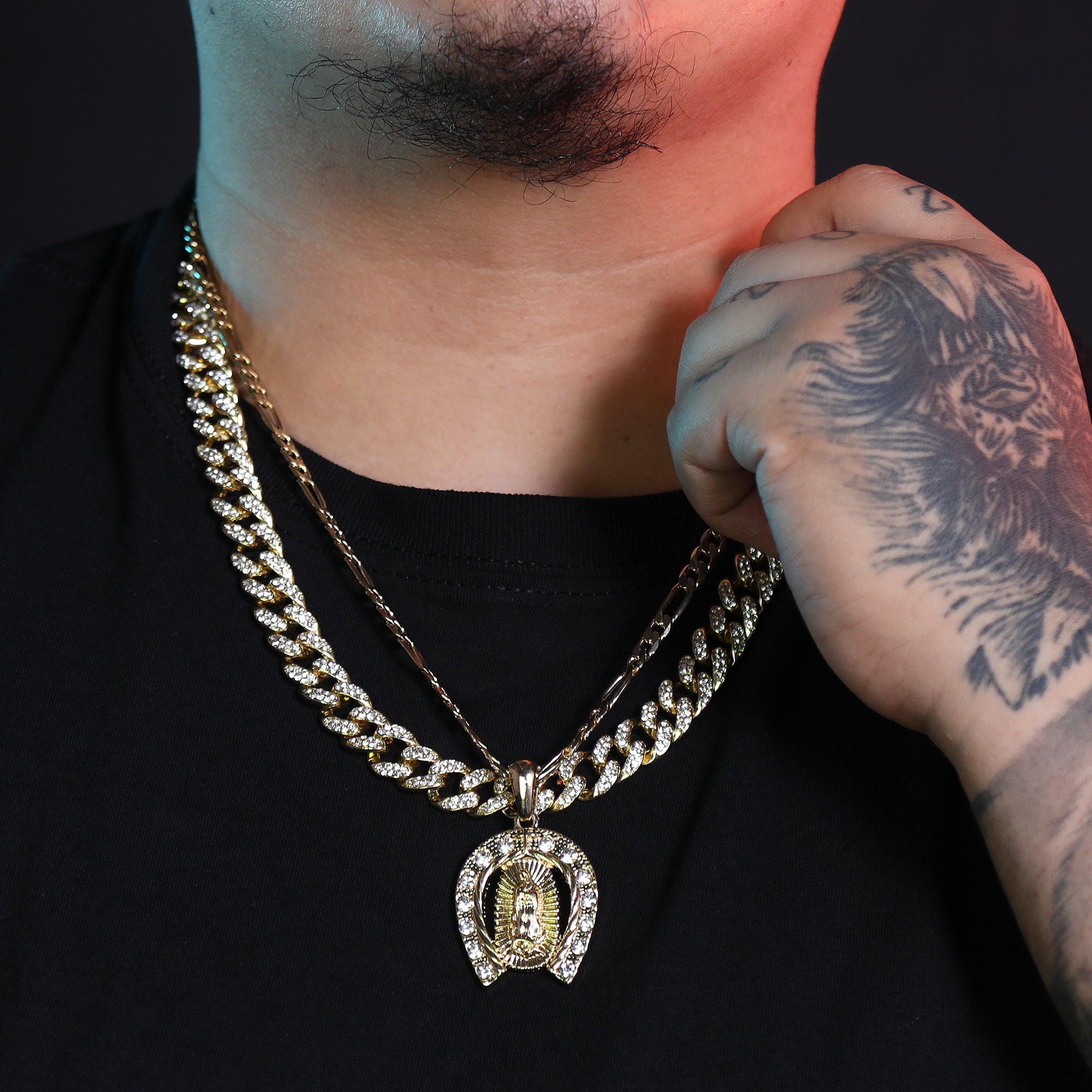 Iced Plain Hook Oval Guadalupe Pendant 24" Figaro Chain Hip Hop Style 18k Gold Plated