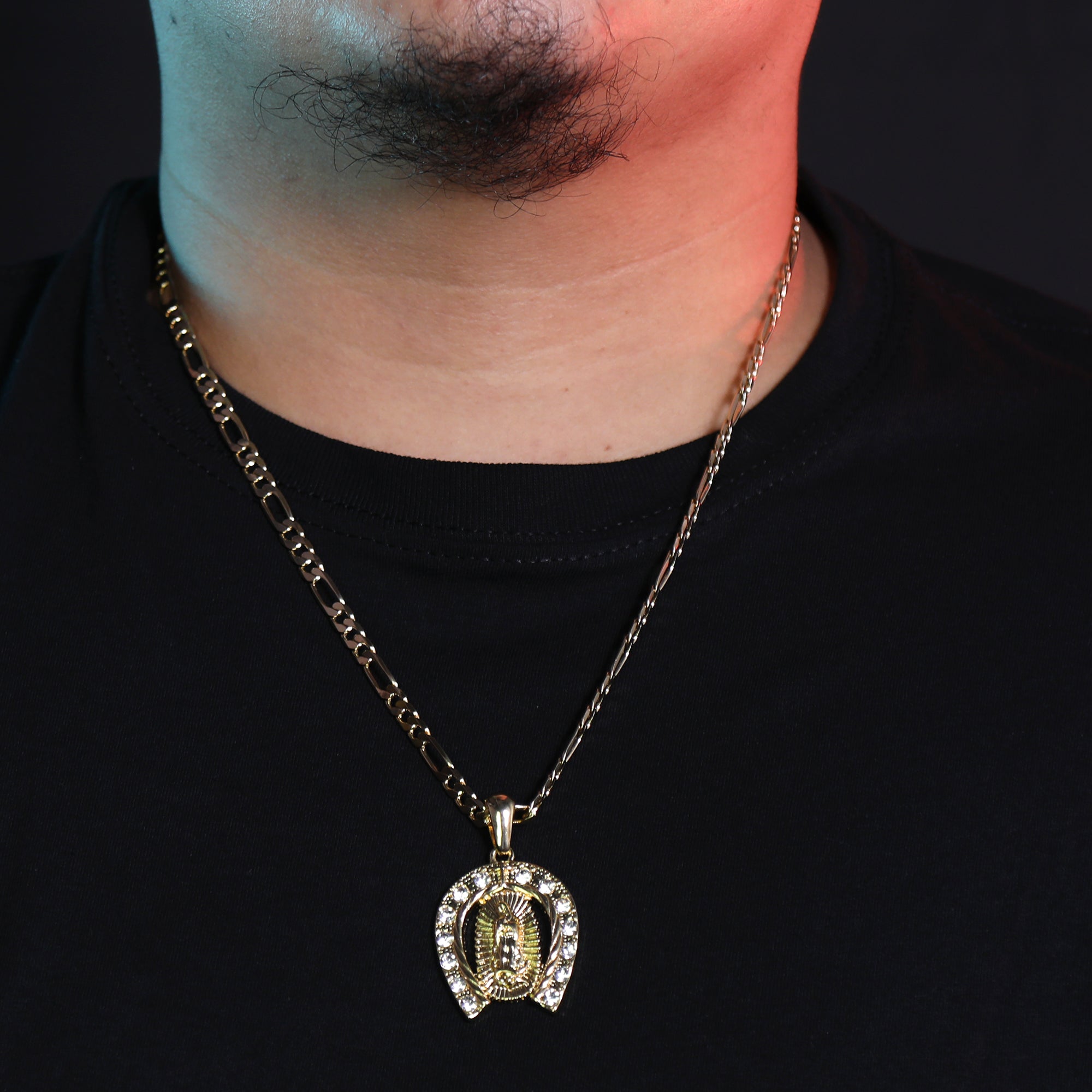 Iced Guadalupe Horse Shoe Pendant 24" Figaro Chain Hip Hop Style 18k Gold Plated